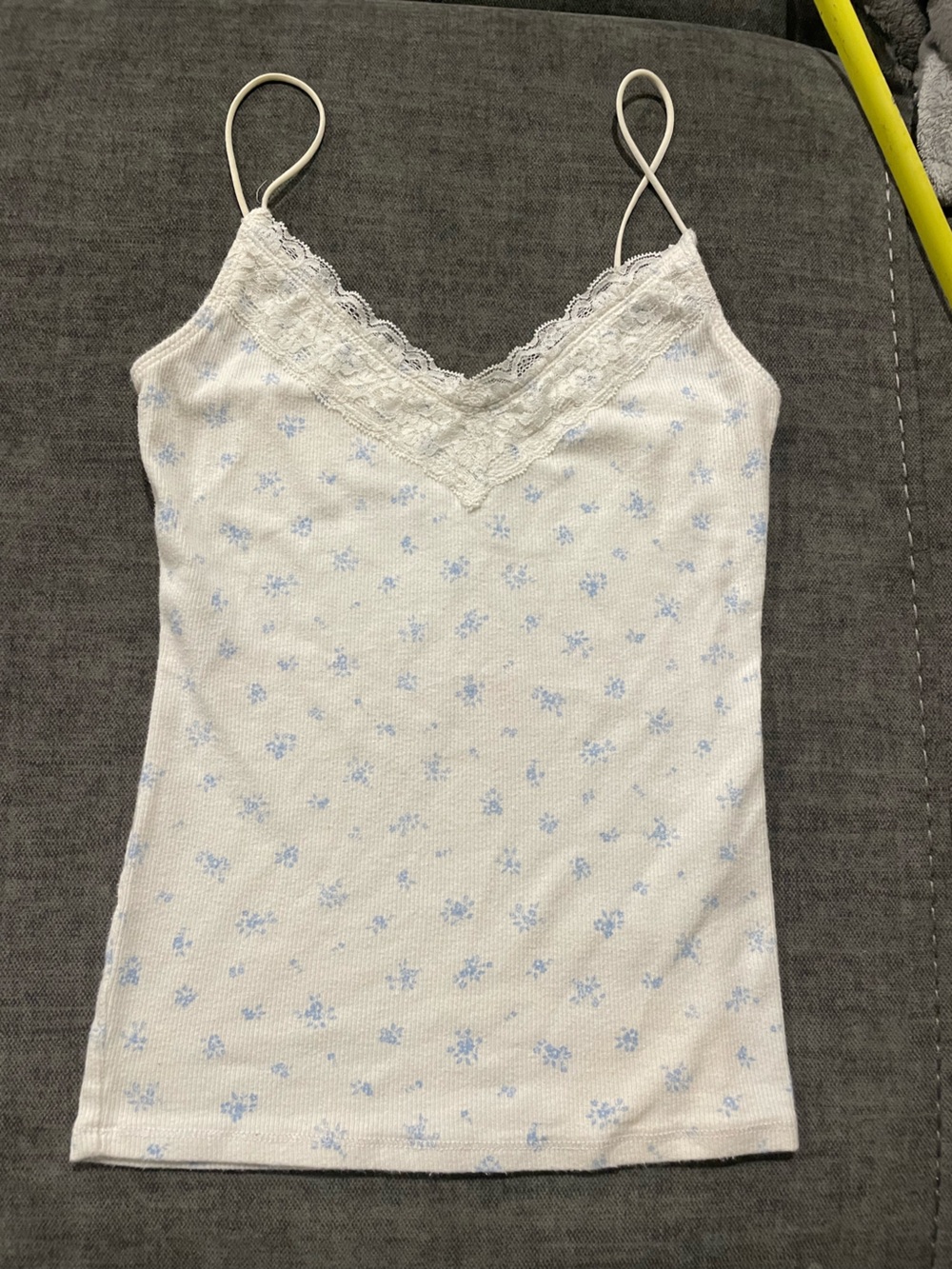 Hollister White Lace-Trim Floral Crop Tank with Light Blue Print